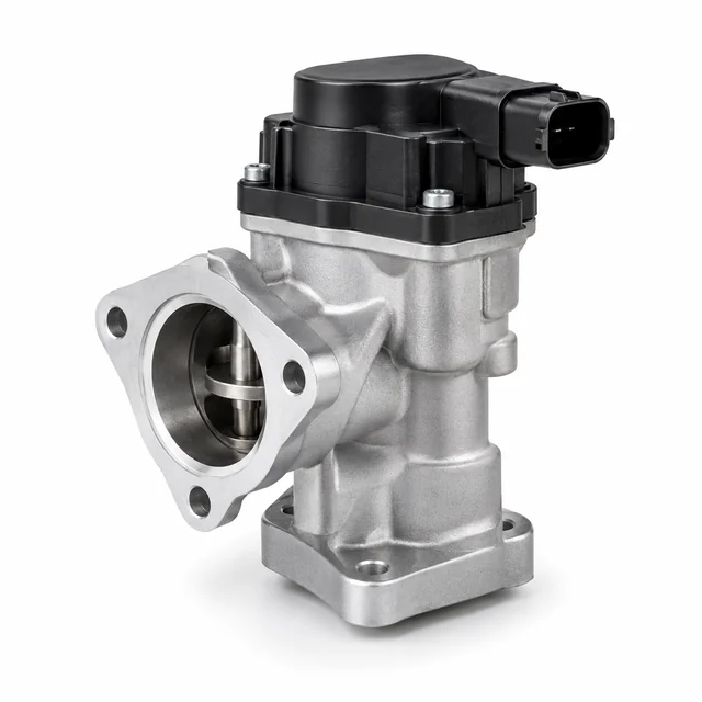 AGR-Ventil mit Aluminiumgehäuse und schwarzem Stellmotor, vor weißem Hintergrund.