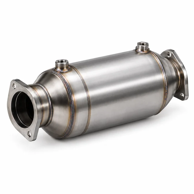 Dieselpartikelfilter aus Edelstahl mit Flanschen, vor weißem Hintergrund.