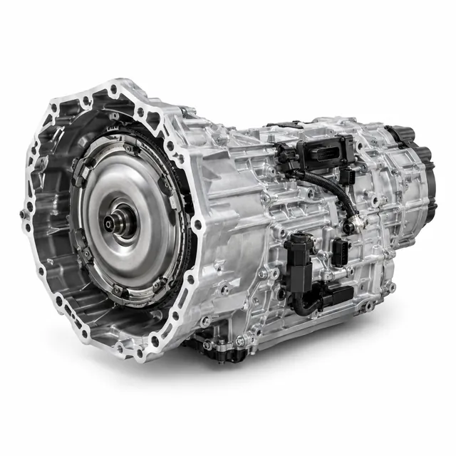 Automatikgetriebe im Aluminiumgehäuse, vor weißem Hintergrund.