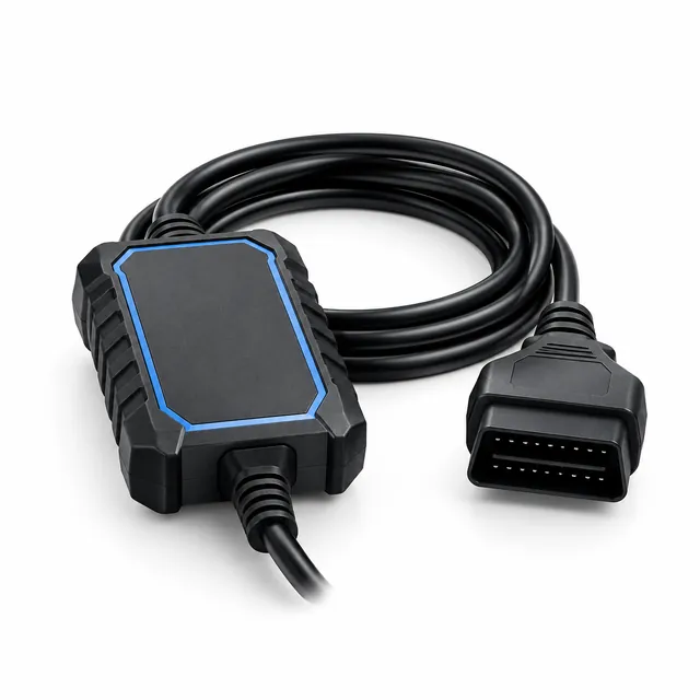 Schwarzes Diagnose-Interface mit blauem Rand an einem aufgerollten Kabel, am anderen Ende ein OBD-Stecker, vor weißem Hintergrund.