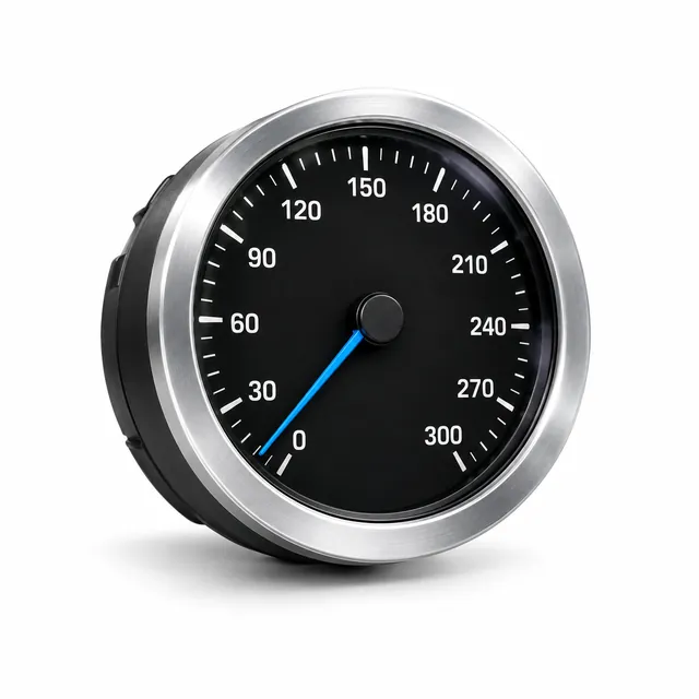Runder Tachometer mit schwarzem Zifferblatt bis 300 km/h und blauer Nadel, vor weißem Hintergrund.