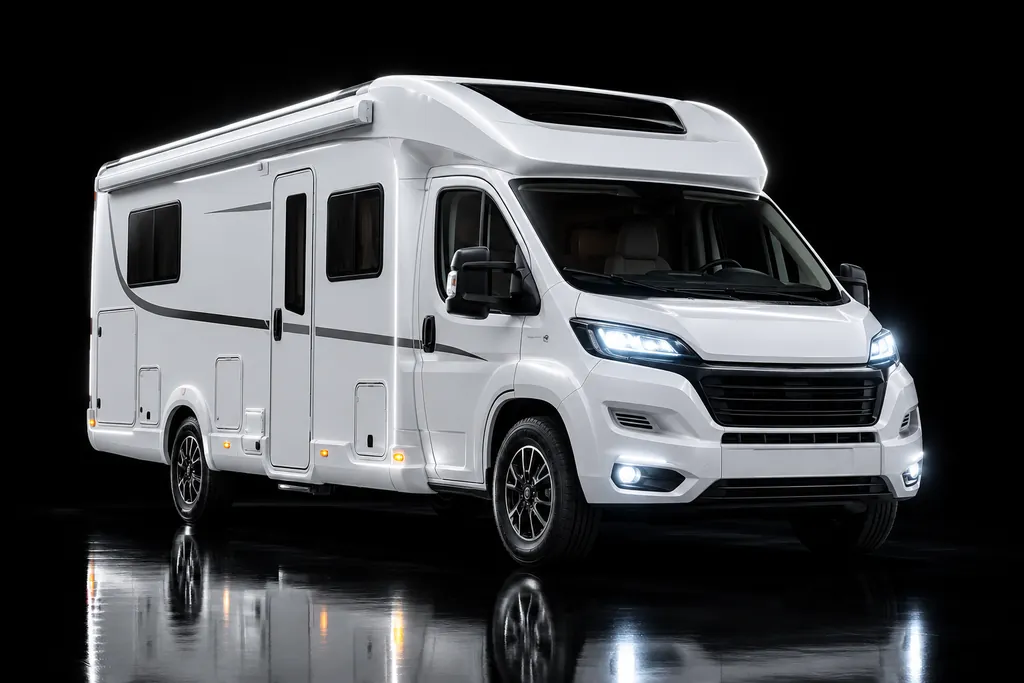 Weißes teilintegriertes Wohnmobil von schräg vorn mit eingeschaltetem Licht, in einem schwarzen Studio.